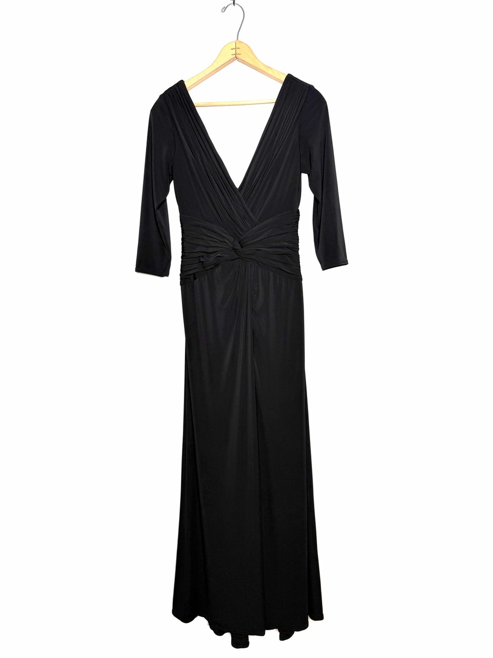 Tadashi Shoji Twist Front Jersey V Neck Ruched Long Evening Gown Black Medium